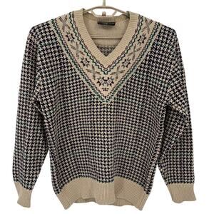 Preswick & Moore Vintage 100% Silk Fair Isle Houndstooth V Neck Sweater Small